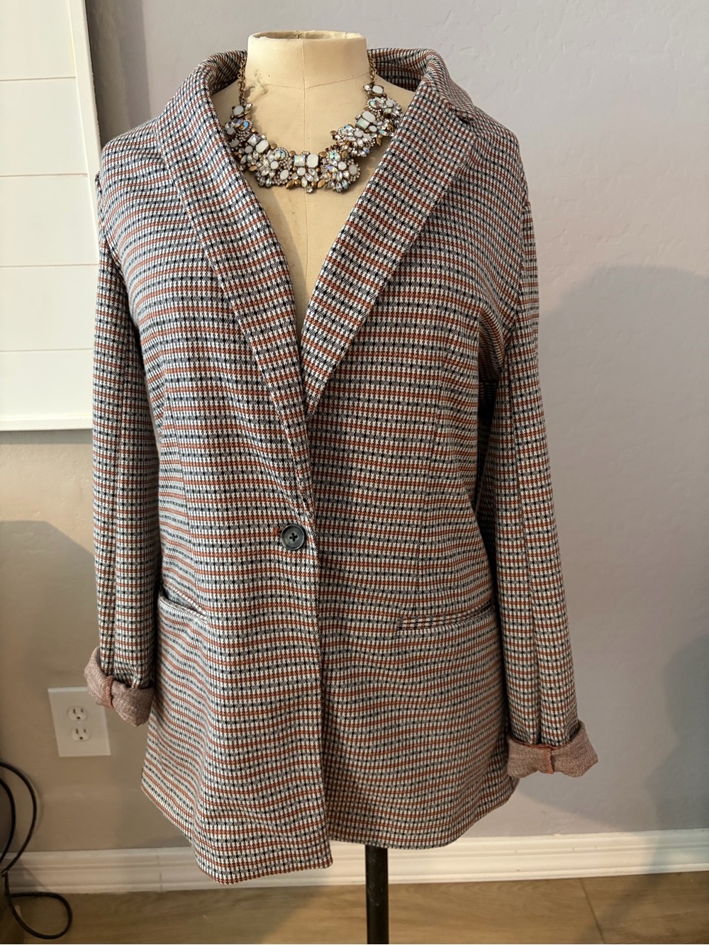Nine West Checked Single-Button Blazer in Brown and Rust